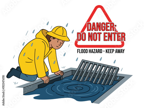 Person in yellow raincoat inspecting flooded storm drain. Vector Illustration. EPS Editable