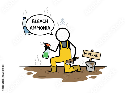 Person mixing dangerous cleaning chemicals bleach and ammonia. Vector Illustration. EPS Editable
