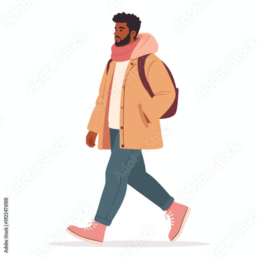 Man walking alone with a backpack on a casual stroll in the city from a side view
