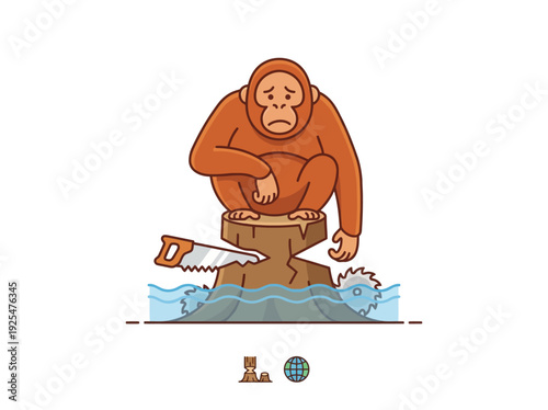 Sad orangutan sits on a tree stump symbolizing deforestation and habitat loss. Vector Illustration. EPS Editable