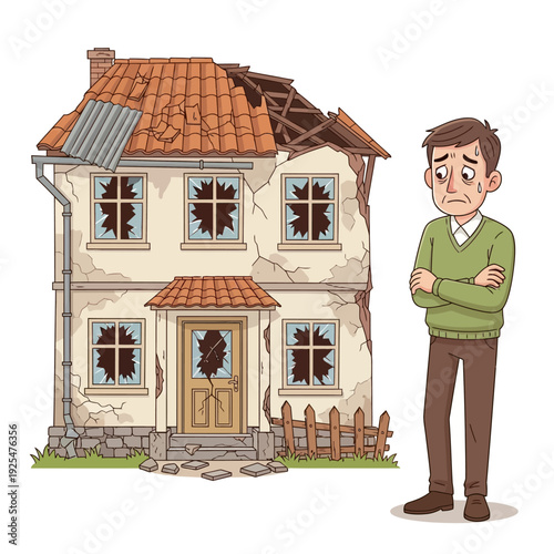 Sad man standing next to a dilapidated house with broken windows and a damaged roof illustrating property distress and financial hardship. Vector Illustration. EPS Editable