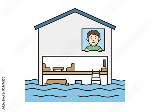 Sad person trapped in a flooded house during a disaster. Vector Illustration. EPS Editable