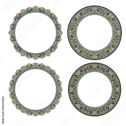 Set of vintage circular floral ornament frames in classic victorian style