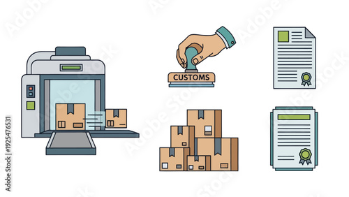 Set of Icons Representing Logistics and Customs Clearance Process.