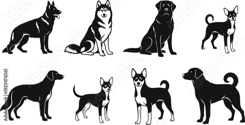 Set of various dog breeds black silhouette vector illustration isolated on white background domestic canine collection artwork