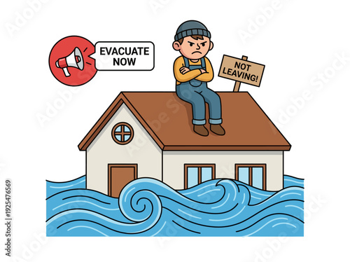 Stubborn man refuses to evacuate flooded house during disaster. Vector Illustration. EPS Editable