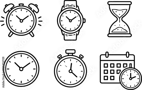 Time clock schedule line icon set. Vector