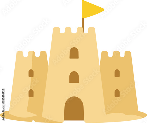 Simple sandcastle with towers and flag on top, created on the beach