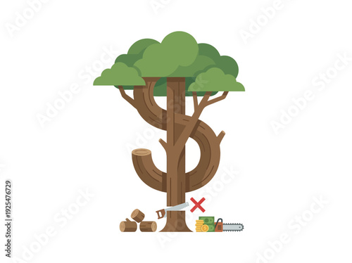 Tree shaped like dollar sign being cut down. Vector Illustration. EPS Editable