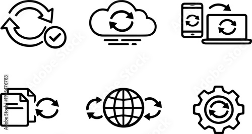 Data synchronization update refresh line icons. Vector