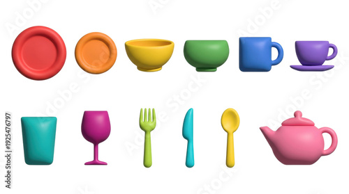 Colorful 3D rendered tableware and kitchenware set featuring a rainbow assortment of plates, bowls, cups, cutlery, and a teapot with a modern, minimalist plasticine style