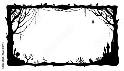 A spooky tree silhouette frame with birds and spider webs illustration