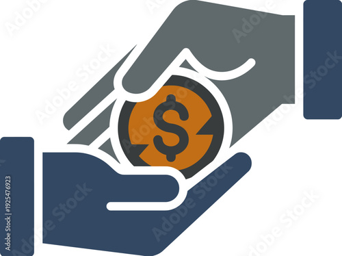 Two hands exchanging a coin with a dollar sign. Vector Illustration. EPS Editable