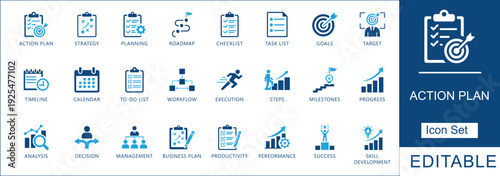 Action plan icon set .for project management, workflow planning, milestones, and productivity improvement. Editable blue vector symbols.