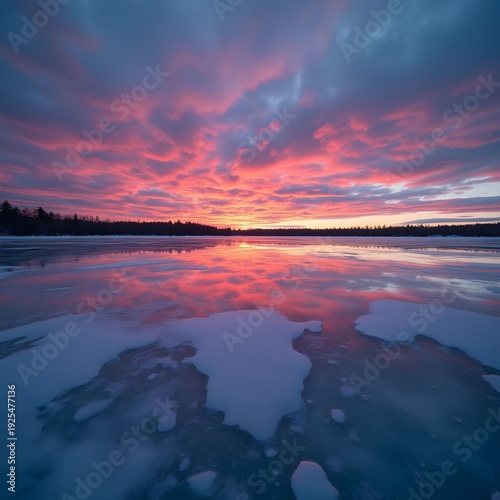 A serene winter landscape at sunset reflection