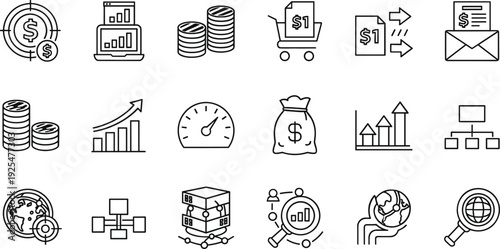 Financial Growth and Online Payment Line Icon Set with Money Transfer, Investment, Analytics, and Global Business Symbols