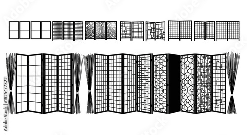 Various room divider screens with different patterns and designs black and white illustrations on a white background