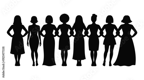 Eight confident women in various dresses standing together in a line hands on hips silhouettes in black against a white background symbolizing female empowerment and unity