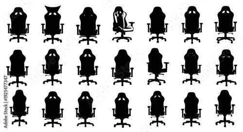 Silhouettes of people sitting on office chairs in various positions and moods on white background