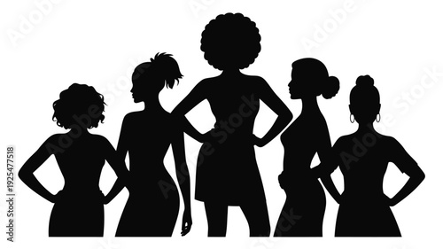Diverse group of confident women in black silhouette standing together in unity and solidarity against a white background symbolizing female empowerment and friendship