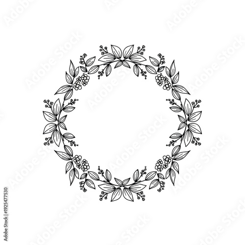 Hand drawn floral wreath with leaves and berries.
