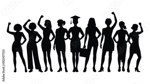 Confident women in business and education silhouettes standing strong together in black vector illustration on white background with graduation cap and briefcases