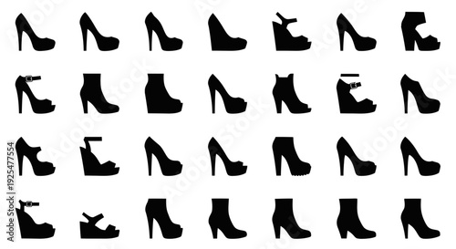 Collection of various black high heel shoes and boots silhouettes on white background for design and fashion concepts