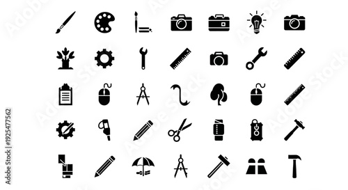 Collection of various creative and industrial tools icons in black on white background for design and business concepts