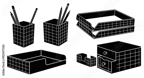 Black and white wireframe 3d models of office desk organizers and storage containers with pens and pencils on a white background