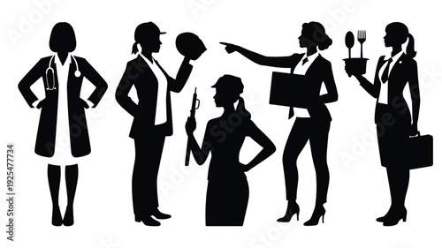 Six black silhouettes of business professionals and workers in various poses and occupations on white background