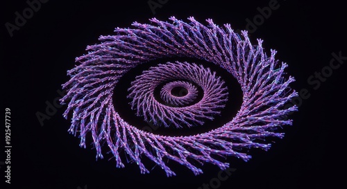 Three dimensional purple fractal spiral structure recedes into darkness