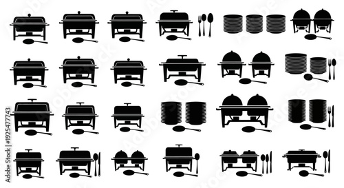 Collection of black silhouettes of catering equipment and tableware on white background for event planning