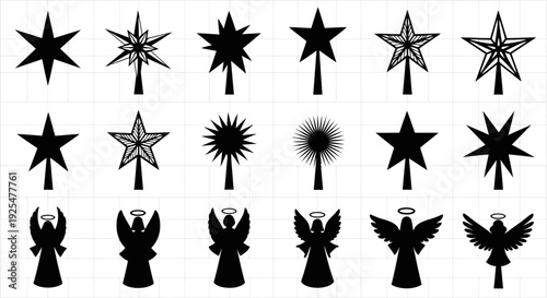 Black christmas tree toppers and angel silhouettes on white background for holiday decoration