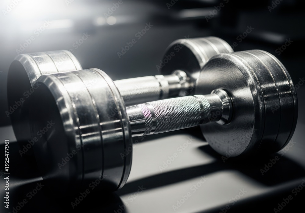 Fototapeta premium A shiny dumbbell on a dark background