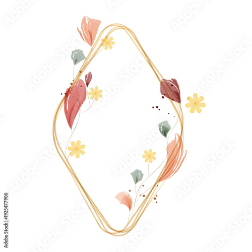 Diamond shaped watercolor frame features elegant golden lines. Delicate yellow flowers, blush pink leaves, and soft green foliage adorn the decorative border, creating a serene botanical design.