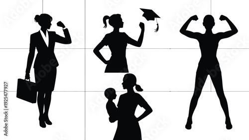 Empowered women silhouettes in various poses and professions on grid background