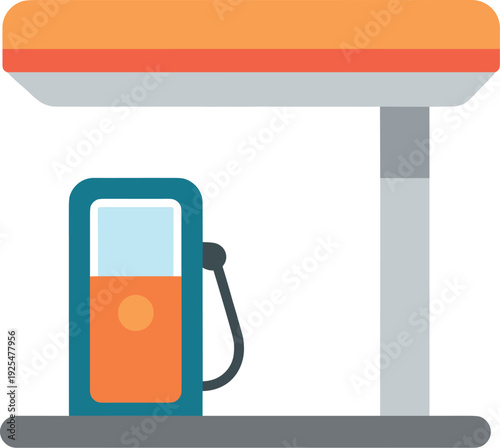 Illustration of a gas station with an orange roof and pump