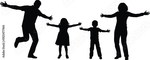 Happy family silhouettes with parents and children jumping vector illustration isolated on white background togetherness love concept design