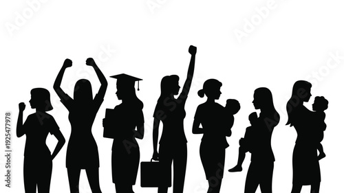 Diverse group of women in various empowering poses and roles on white background celebrating equality and feminism