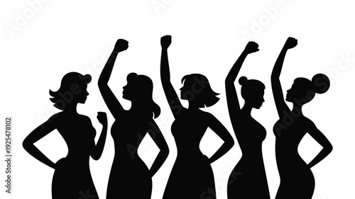 Silhouettes of empowered women in strong poses with raised fists and confident stances on white background symbolizing female solidarity and feminism