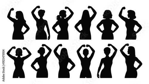 Vector illustration of twelve black silhouettes of women in various empowering poses on white background