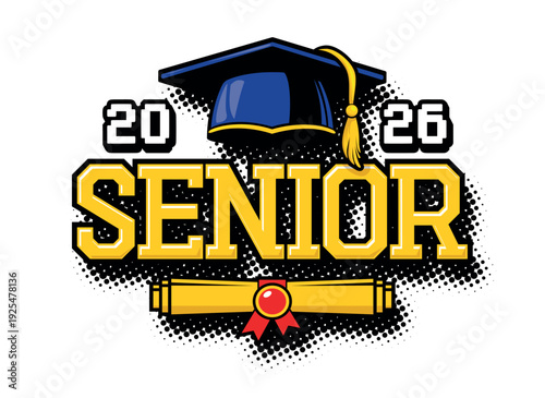 2026 class graduation header. Decorate congratulation for school graduates in comic style. Vector on transparent background