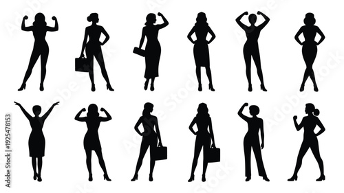 Set of confident businesswomen silhouettes in various poses with briefcases and hand gestures on white background