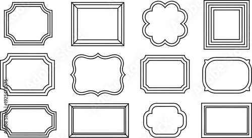Black and white vintage line frame borders with elegant ornate edges isolated on white background for decorative labels.