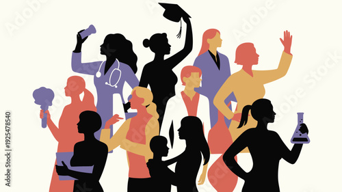 Diverse group of professionals celebrating success and achievement in various fields with colorful silhouettes and graduation caps