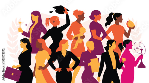 Diverse women celebrating success and empowerment in business and education with graduation hats and awards