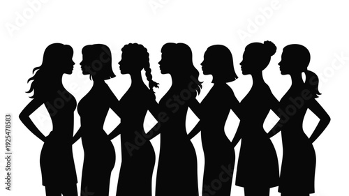 Seven confident women in a row standing with hands on hips in black silhouette against white background