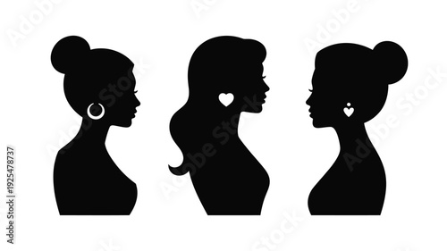 Three women's silhouettes celebrate international women's day with heart shaped earrings on white background