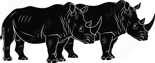 Two rhinoceros silhouettes standing side by side detailed black vector illustration isolated on white background wild animal design artwork