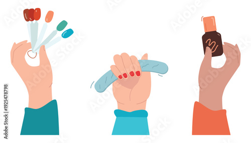 Nail polish hand beauty illustration with colorful bottles and tools